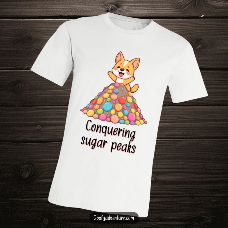 Funny t-shirt design of an ecstatic dog enthusiastically climbing a towering mountain made of various colorful candies.
