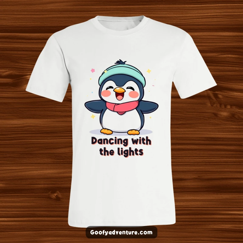 Funny t-shirt with a happy penguin frolicking and playing with colorful, luminous aurora borealis lights.