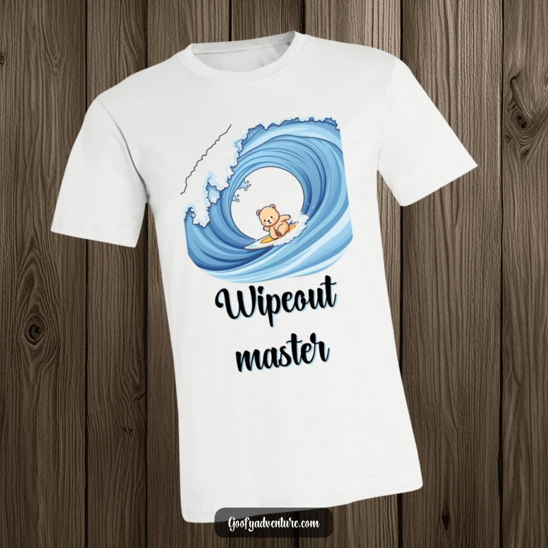 Funny bear cub surfing t-shirt depicting a cute, determined cub riding a massive, splashing wave with a look of intense concentration.