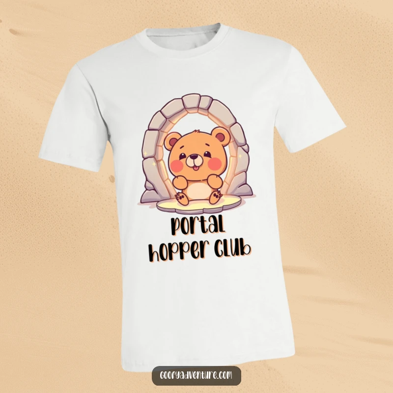 Funny Bear T-Shirt: A curious bear excitedly peering into a glowing magical portal, embodying adventure and humor.