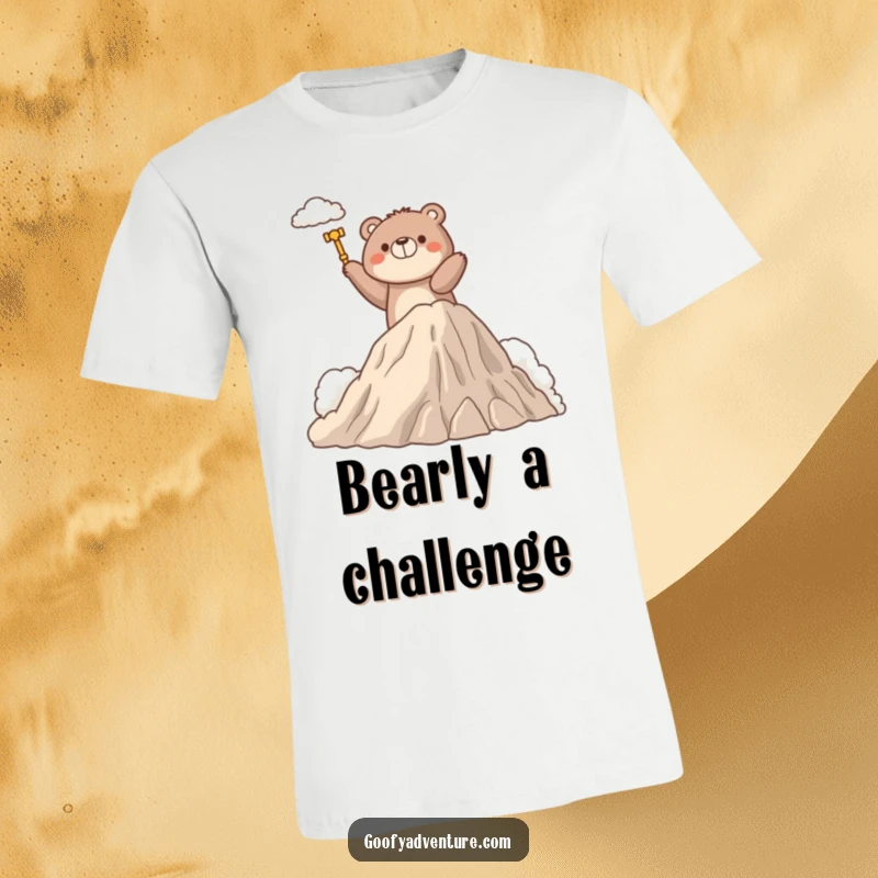 Funny T-Shirt showcasing a determined bear character scaling a majestic mountain of clouds, representing perseverance and achievement.