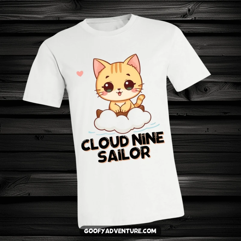 Funny curious cat character sailing smoothly on a small cloud boat across the sky, printed on a t-shirt, serene, funny gift.