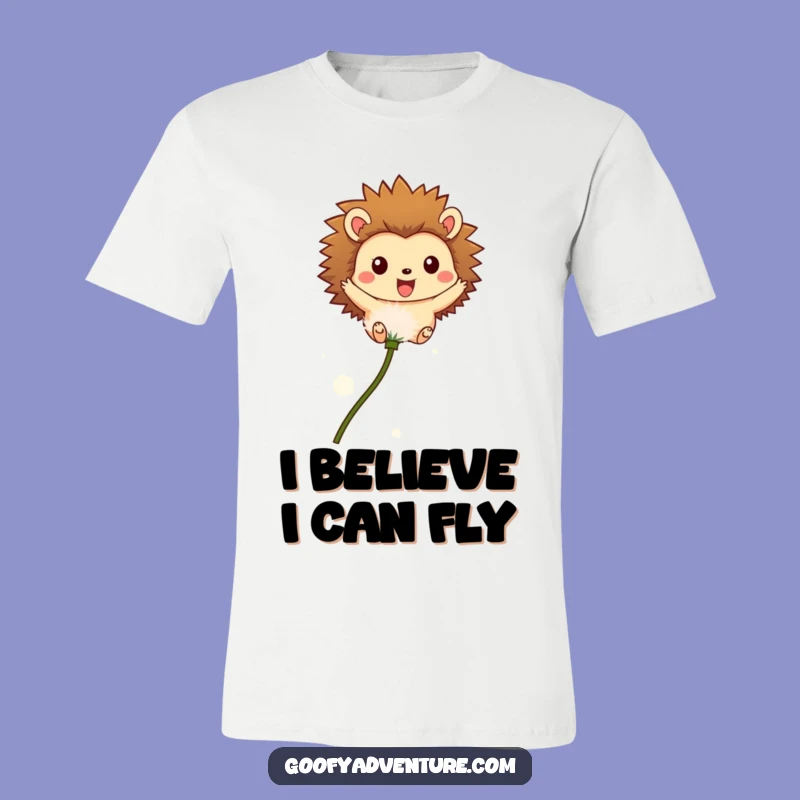 Funny Hedgehog T-Shirt: Whimsical Flying Hedgehog On Dandelion Seed Tee