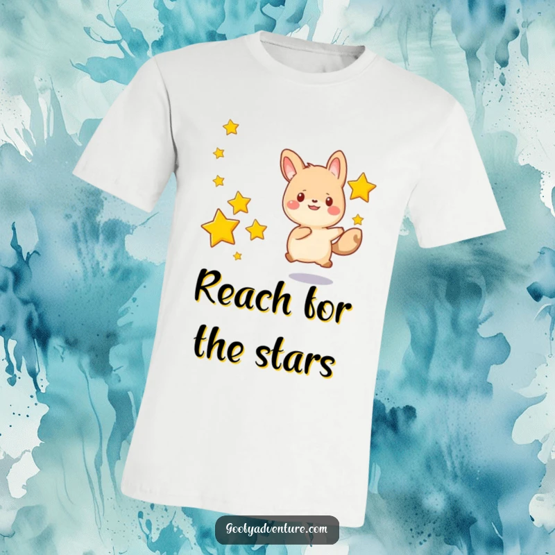 Funny kawaii animal character happily chasing after a series of drifting stars, a humorous and celestial t-shirt graphic.