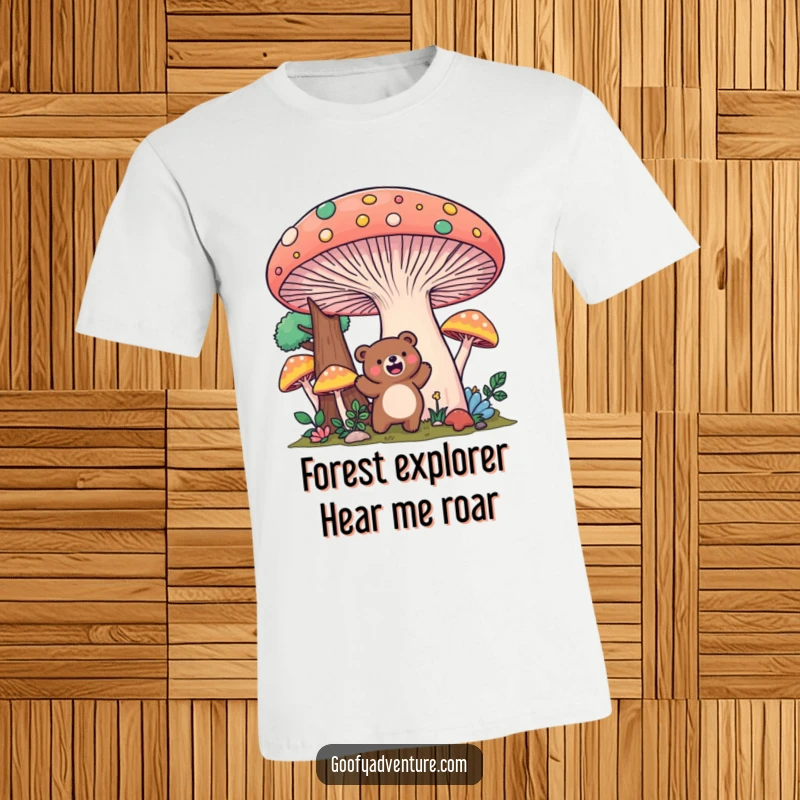 Funny Kawaii bear character shirt, excitedly exploring a giant, colorful mushroom forest, perfect for adventurers.