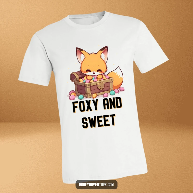 Funny Kawaii fox character t-shirt, discovering a hidden treasure chest filled with sparkling candy, a sweet adventure design.
