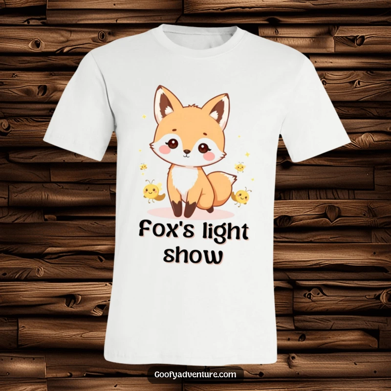 Funny kawaii fox leading a delightful parade of tiny, smiling fireflies, printed on a comfortable and breathable t-shirt.