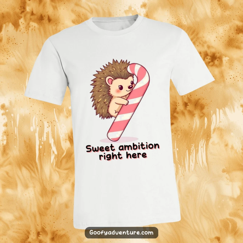 Funny Kawaii hedgehog determinedly climbing a giant, whimsical candy cane on a t-shirt, spreading holiday joy.