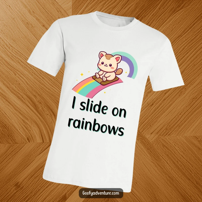 Funny kawaii animal character gleefully sliding down a colorful rainbow path, a delightful and humorous design.