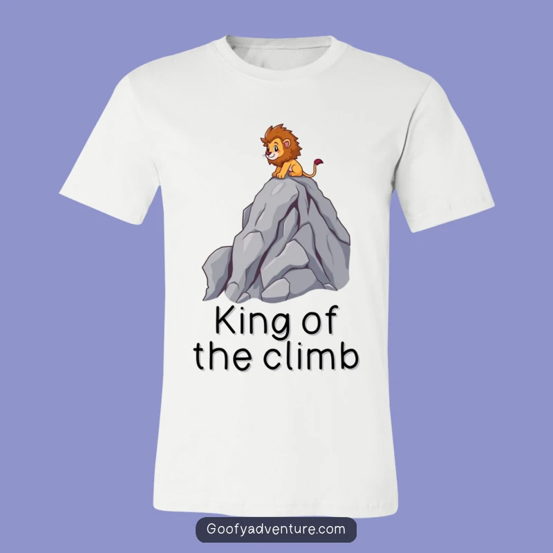 Funny Lion Climber T-Shirt: Brave Peak Explorer Character Tee