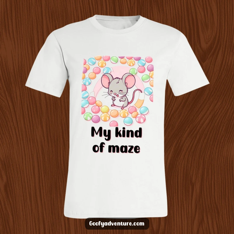 Funny t-shirt with a giggling mouse joyfully navigating a complex maze constructed from lollipops, chocolates, and gummy bears.