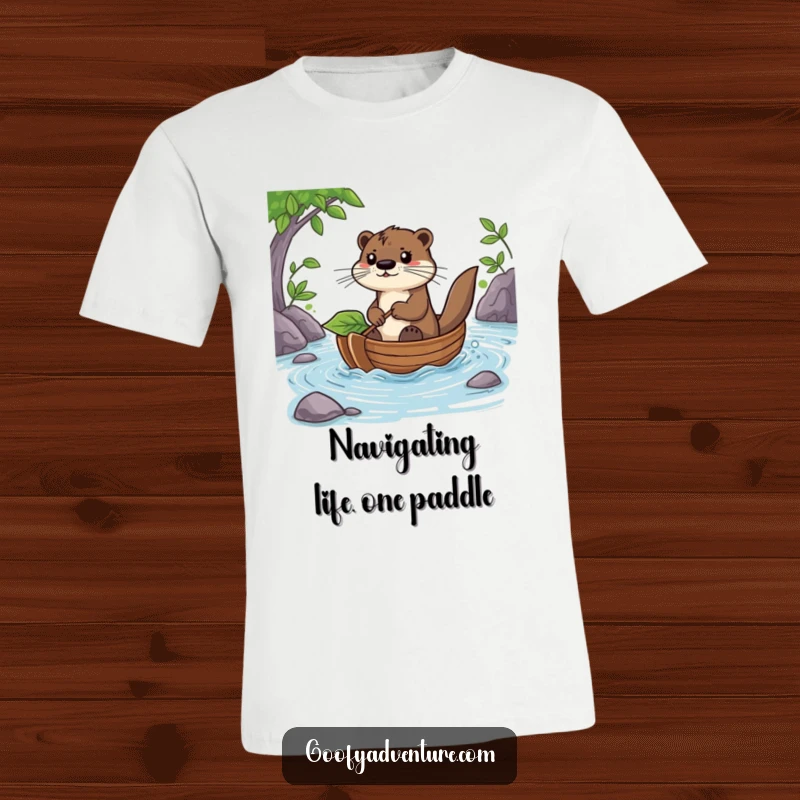 Funny Otter T-Shirt: A determined otter pilots a leaf boat down a river, showcasing bravery and exploration in a humorous design.
