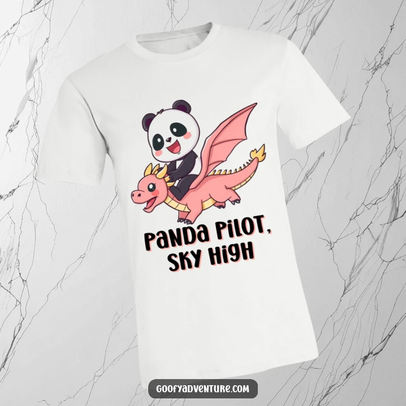 Funny cute panda gleefully riding a majestic flying dragon across a vibrant rainbow on a comfortable t-shirt.