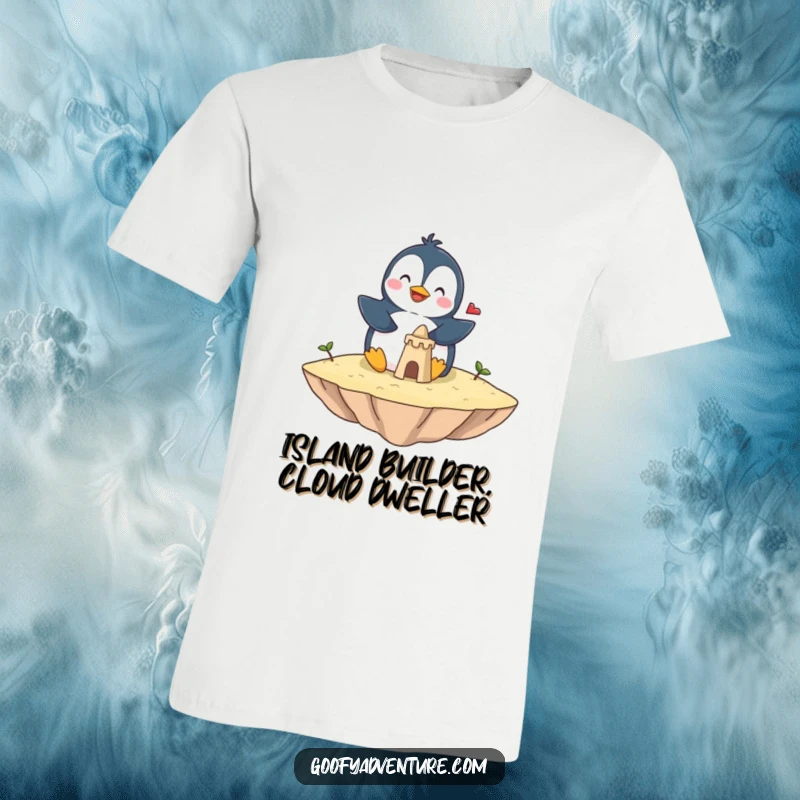 Funny penguin t-shirt showing a giggling penguin happily building a sandcastle on a floating island amidst white clouds. Playful and amusing.