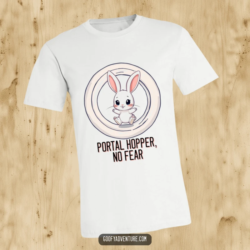 Funny t-shirt design of a curious rabbit character about to jump into a mesmerizing, swirling dimensional portal.