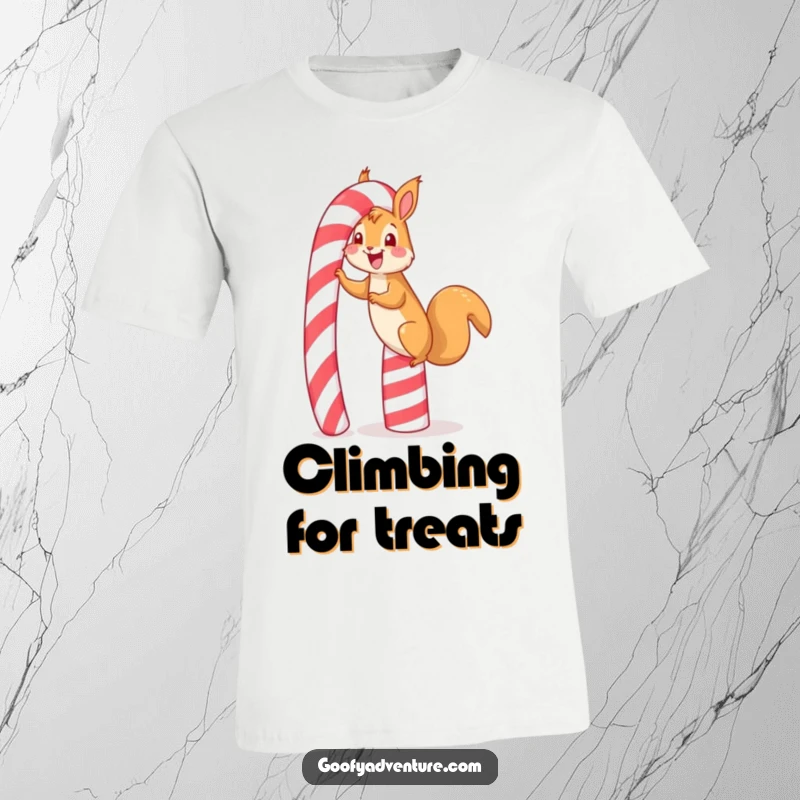 Funny happy squirrel in a t-shirt, gleefully scaling a giant candy cane, expressing energy and delight in sweet treats.
