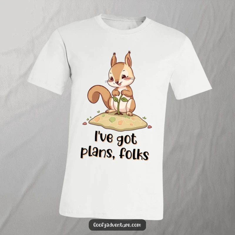 Funny t-shirt with a determined squirrel planting a seed that magically grows into a detailed map, symbolizing ambition and adventure.