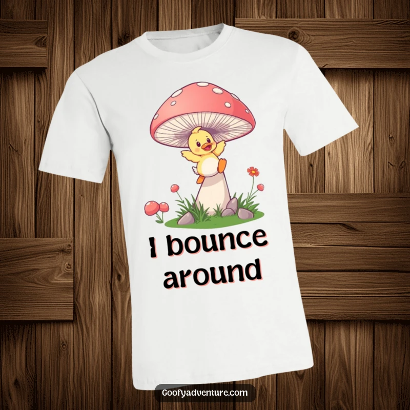 Funny duckling mushroom t-shirt, a playful duckling leaping from a giant, springy mushroom with a joyful expression.