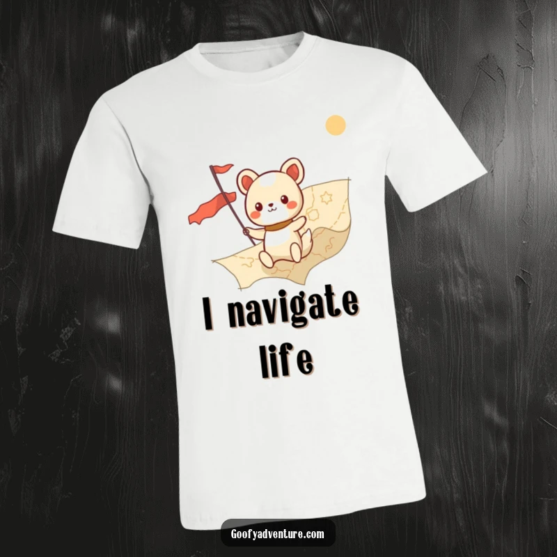 Funny kawaii animal character bravely charting a course on a huge map, a humorous and adventurous design.