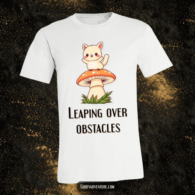 Funny kawaii animal character energetically jumping over a giant, vibrant mushroom, captured in a dynamic and fun pose.