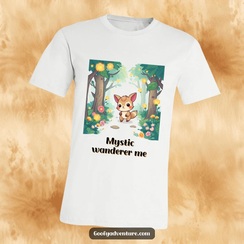 Funny t-shirt featuring a determined animal character navigating a whimsical forest adorned with vibrant, glowing flora.