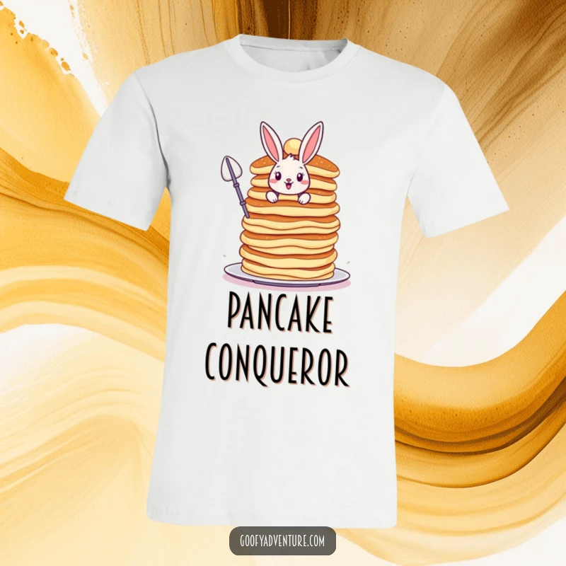 Funny Bunny t-shirt, bravely scaling a colossal, wobbly stack of pancakes, perfect for adventure enthusiasts.