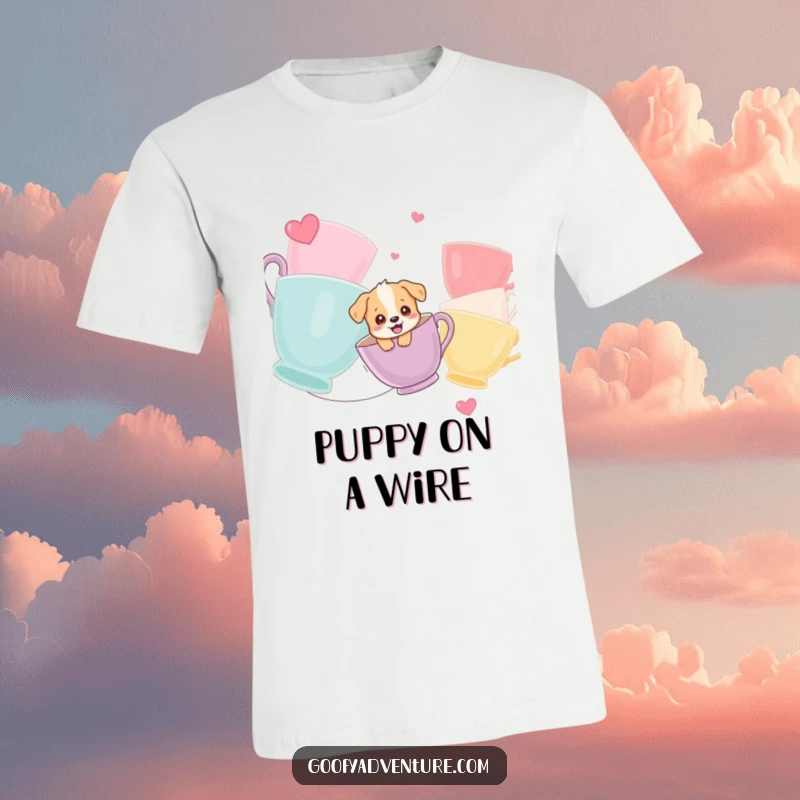 Funny T-Shirt showcasing a giggling puppy ziplining between giant, vibrant teacups, capturing a moment of playful energy.