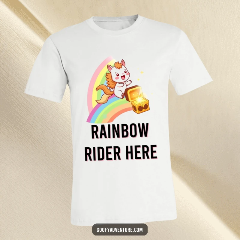 Funny t-shirt showing a joyful animal character energetically riding a rainbow as it gallops towards a glittering treasure chest, conveying pure delight.