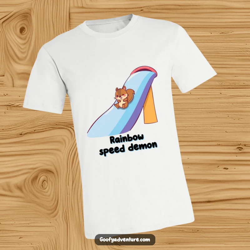 Funny squirrel character gleefully sliding down a giant rainbow slide, printed on a t-shirt, showcasing pure joy, funny gift.