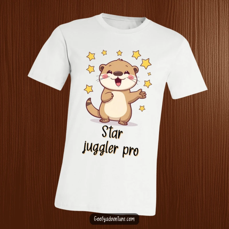 Funny Otter T-Shirt: A playful otter enthusiastically juggling flying stars, radiating joy and cosmic energy.