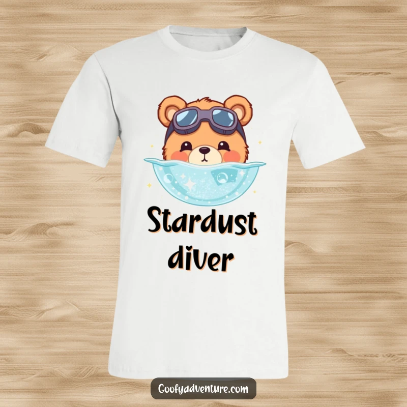 Funny bear t-shirt depicting a cute bear with goggles diving into a shimmering pool of stardust. Hilarious cosmic exploration.