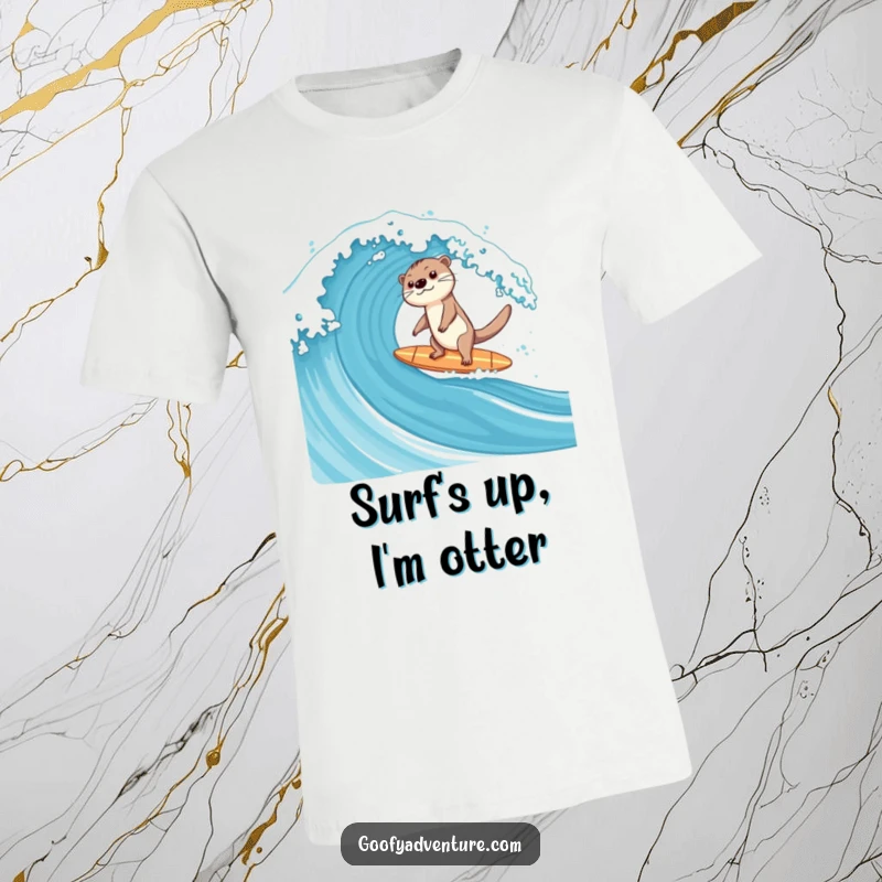 Funny happy otter character on a surfboard, skillfully balancing atop a colossal ocean wave on this t-shirt.