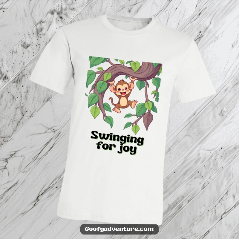 Funny t-shirt showing a cheerful monkey character joyfully swinging from a large, whimsical jungle vine overhead.