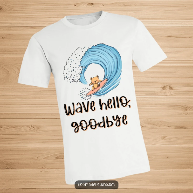Funny bear cub bravely (and hilariously) trying to surf a colossal ocean wave, mid-wipeout, on a vibrant graphic t-shirt.