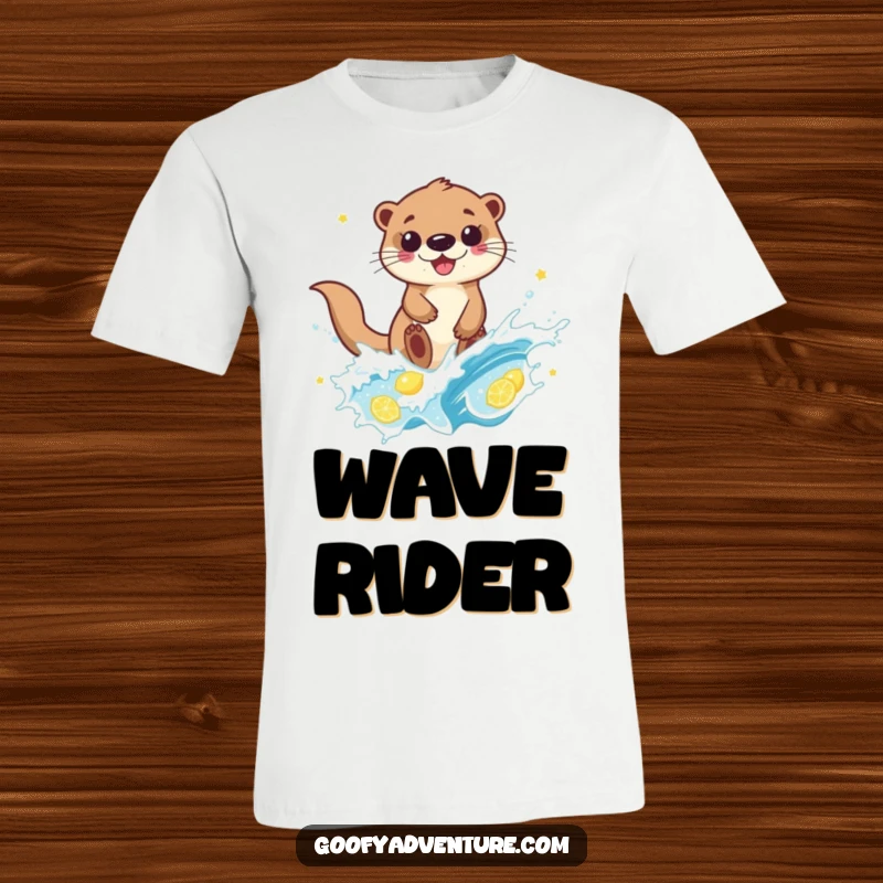 Funny otter character gleefully riding a bubbly wave of lemonade on a T-shirt, embodying joy and summery vibes.