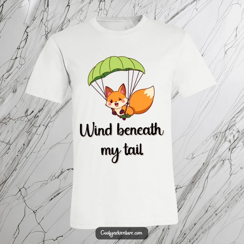 Funny fox character joyfully paragliding using a giant leaf as a parachute, looking ecstatic, high in the sky.