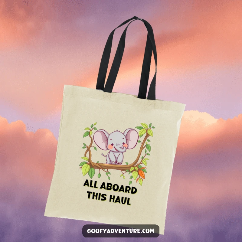 Funny happy elephant crossing a jungle vine bridge, sturdy tote bag, jungle theme, excellent funny gift.