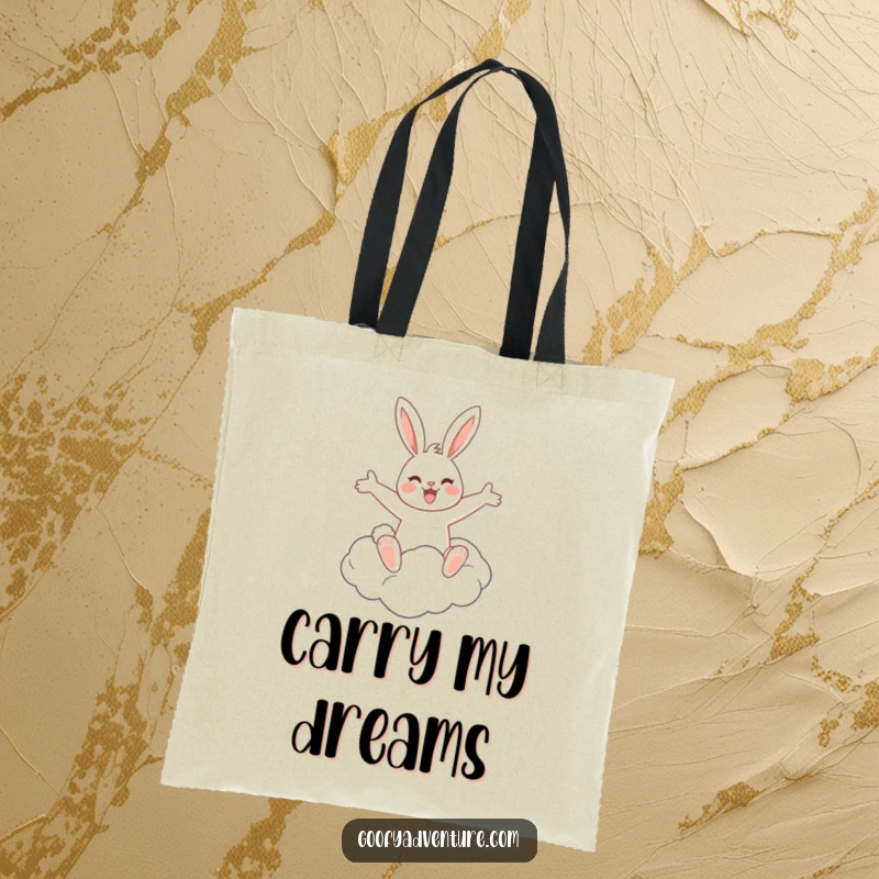 A durable tote bag featuring a funny, cheerful rabbit joyfully riding a cloud with arms outstretched, ready for any adventure.