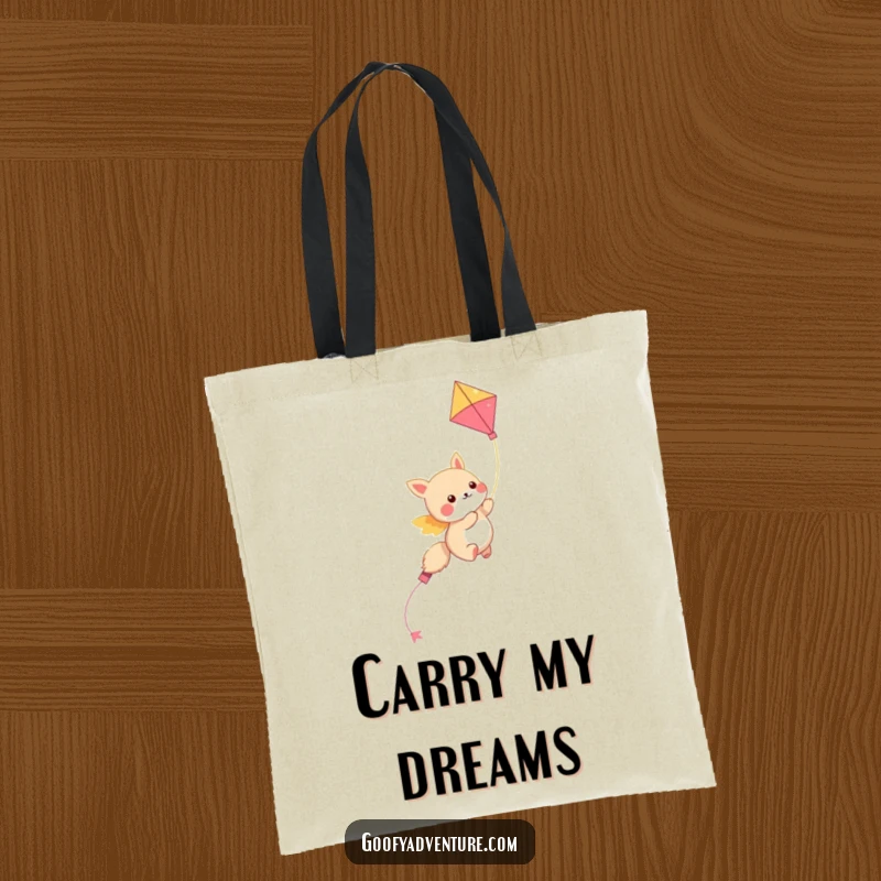 Funny kawaii animal character soaring through the sky on a colorful kite, a practical and funny tote bag for daily use.