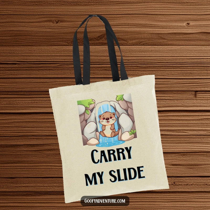 A durable tote bag featuring a funny, playful otter sliding down a waterfall entrance, perfect for carrying everyday items.