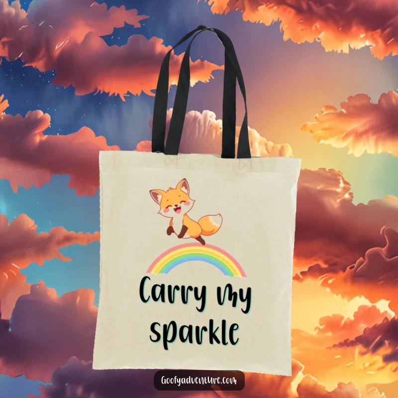 A durable tote bag showcasing a happy fox gleefully leaping over a brilliant rainbow, perfect for everyday use.