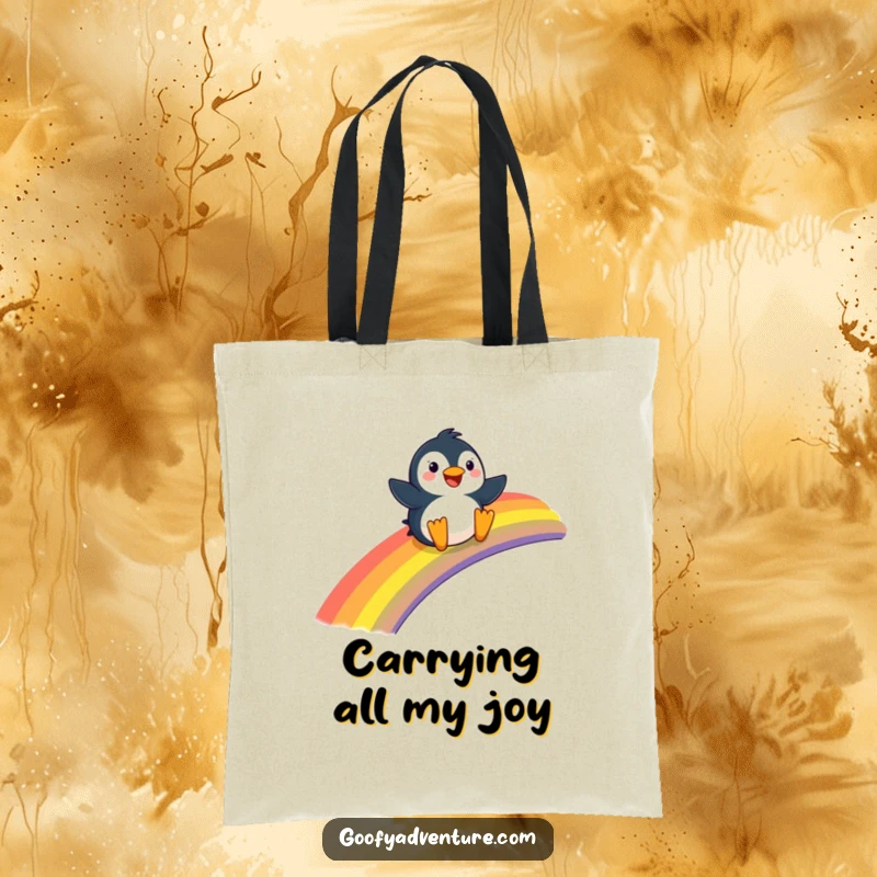 Funny Penguin tote bag, joyfully sliding down a giant rainbow, stylish and whimsical accessory.
