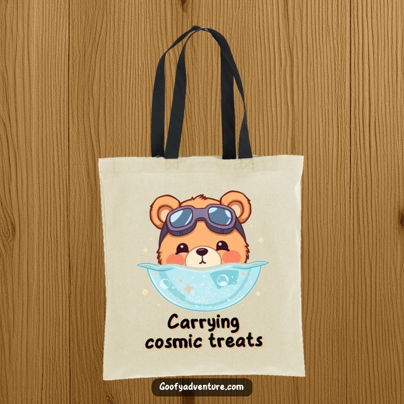 Funny bear tote bag featuring a cute bear with goggles diving into a pool of shimmering stardust. Whimsical and practical.