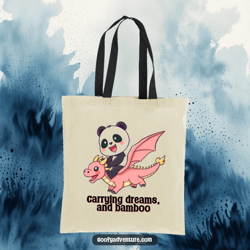 Funny durable tote bag featuring a cute panda riding a flying dragon across a vibrant rainbow, perfect for errands.