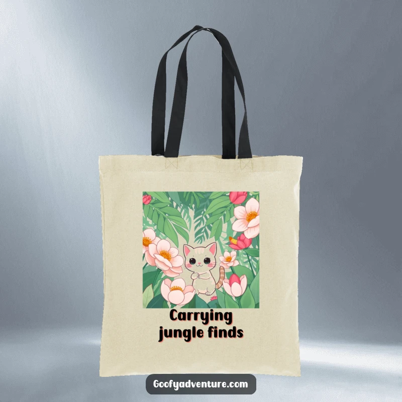 Funny tote bag with a curious cat character exploring a jungle of oversized flowers, ideal for carrying essentials with style.