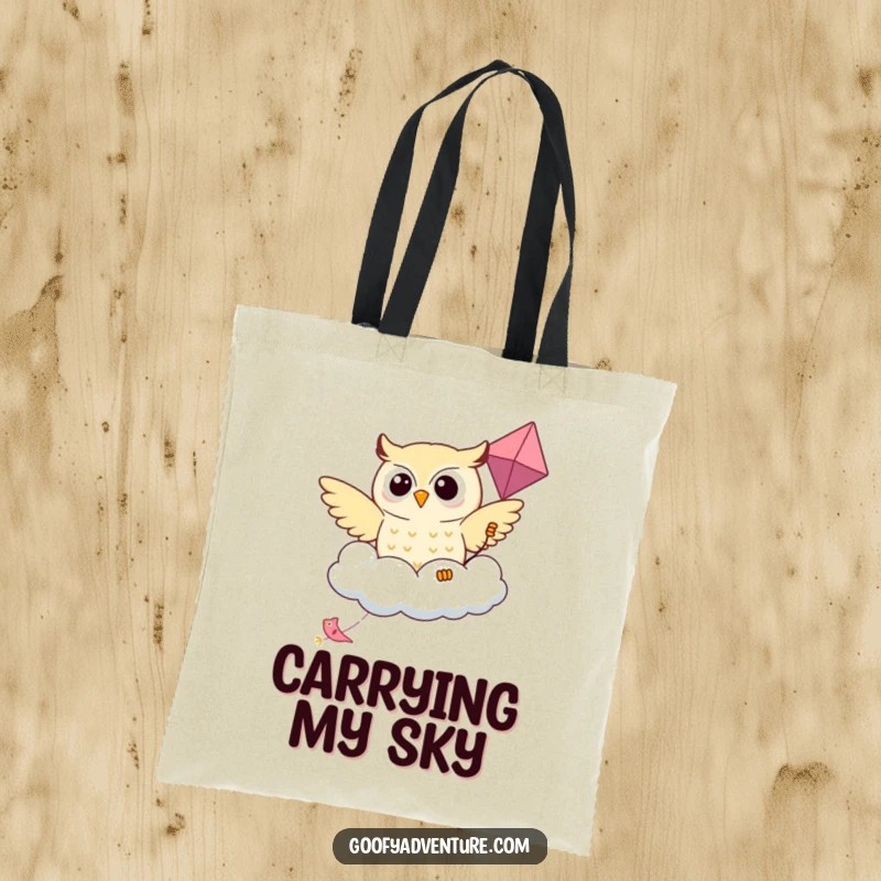 Funny Kawaii owl flying high on a friendly cloud-shaped kite, depicted on a durable tote bag.