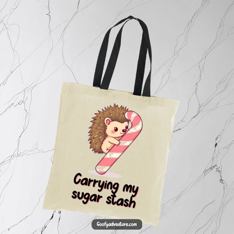 Funny Kawaii hedgehog climbing a sweet, whimsical candy cane on a tote bag, ready for holiday adventures.