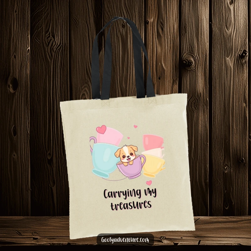 Funny tote bag with a giggling puppy character ziplining between giant teacups, perfect for carrying goods with a smile.
