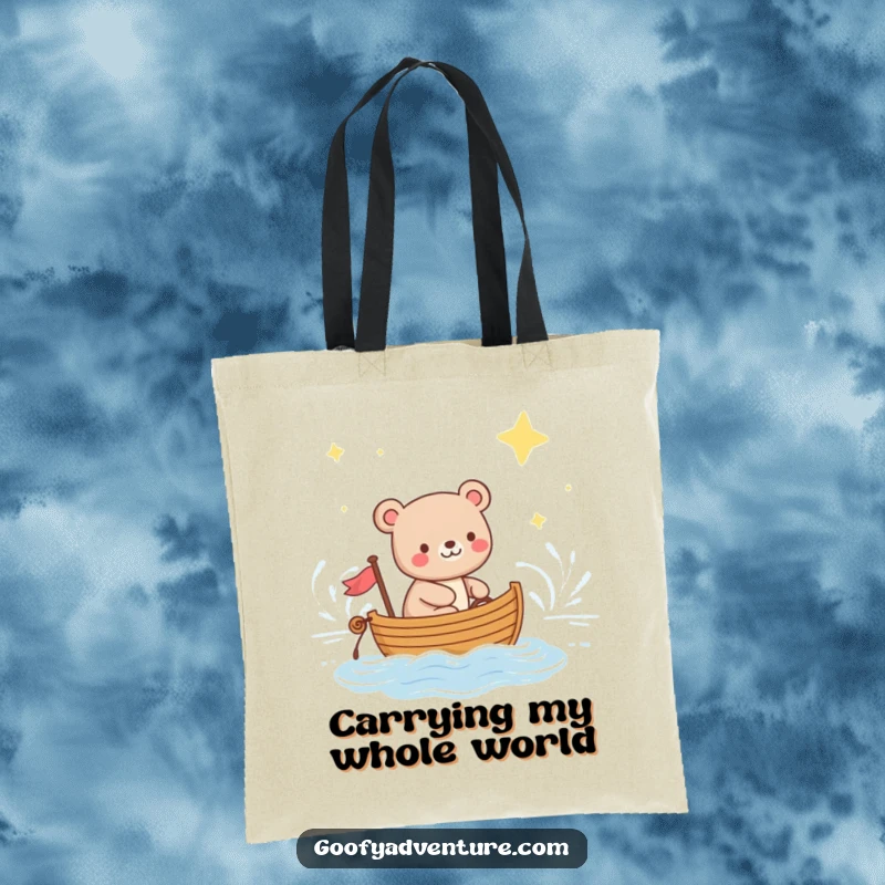 Funny tote bag with a happy bear sailing a boat, drifting across a serene ocean under a spectacular canopy of twinkling stars.