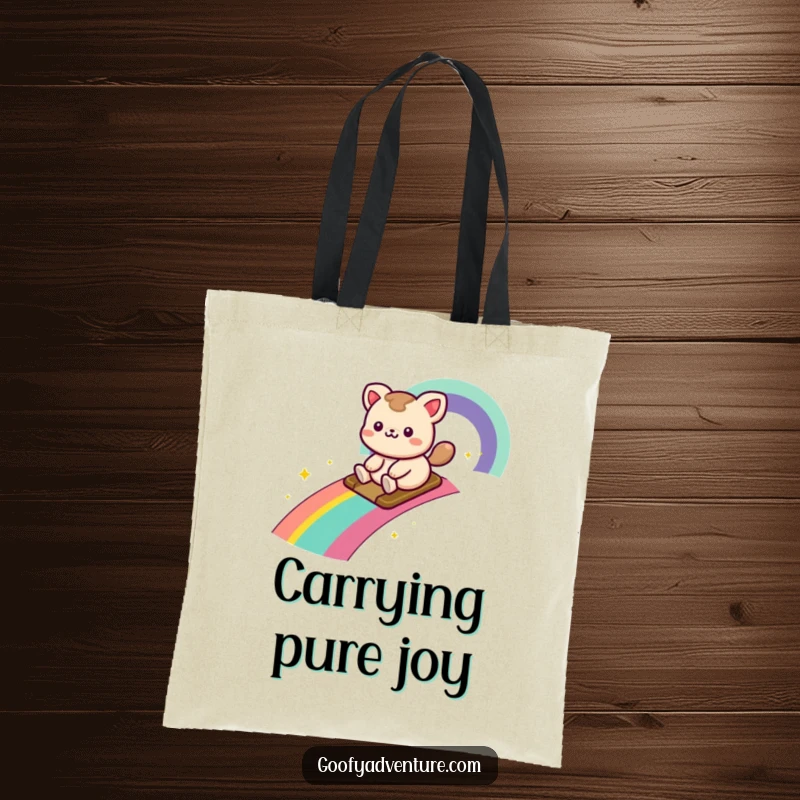 Funny kawaii animal character joyfully sliding down a vibrant rainbow trail, a charming and humorous tote bag.